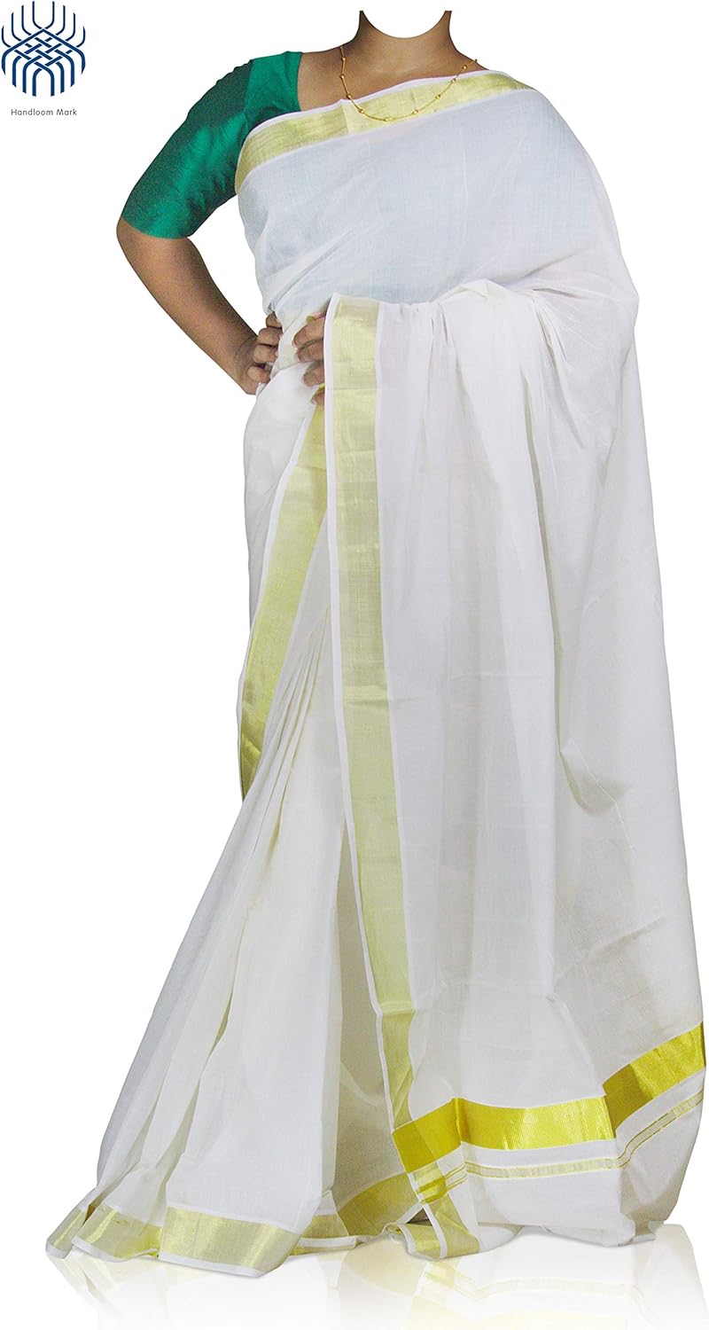 Kerala Traditional Handloom Set Saree in Pure Cotton with 2 Inch Golden