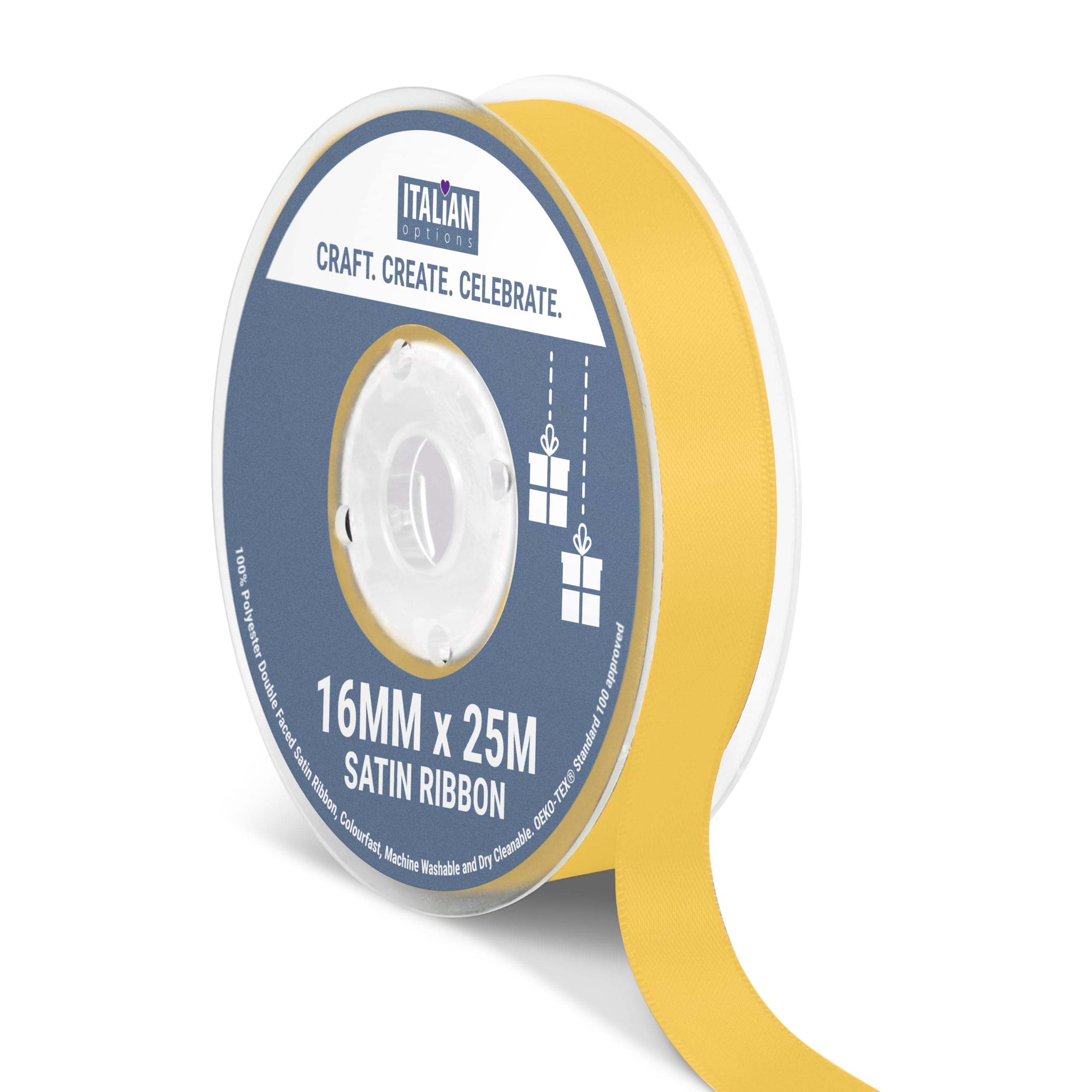 Italian Options Satin Ribbon, Fabric Ribbons for Gift Wrapping, Crafting, Balloons, Wedding Car, Presents, Cake, Christmas, Birthday, Gift Wrap Accessories, 16mm Wide x 25 Metre Roll, Gold