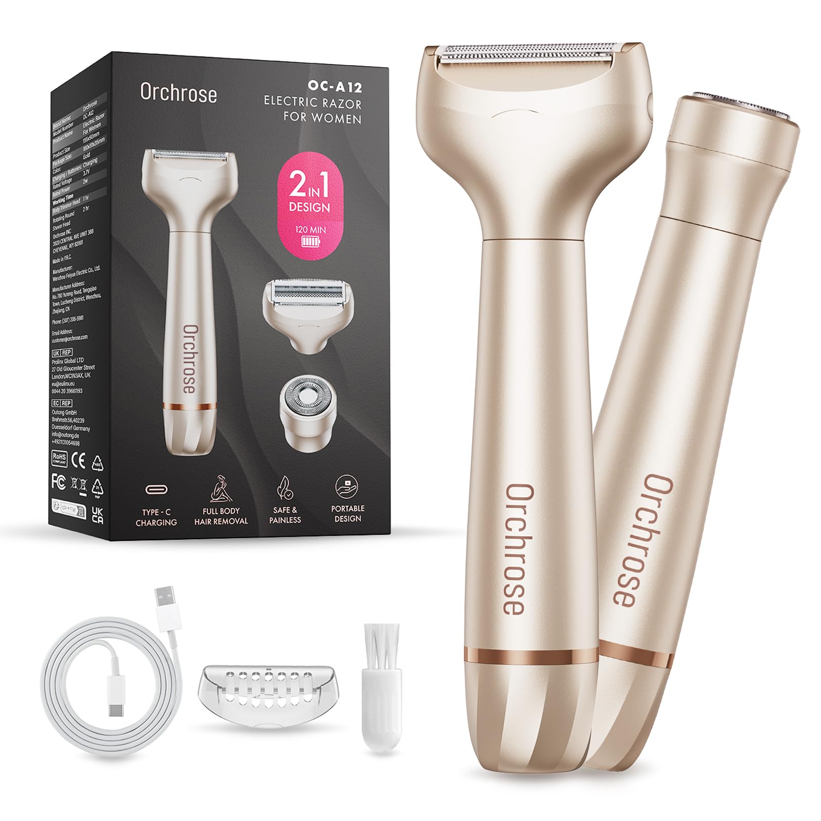 Photo 1 of Orchrose Electric Razor for Women 2-in-1: Painless Rechargeable Shaver for Face Legs Underarms and Bikini Area – Travel Lock