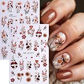 Fall Flower Nail Art Stickers Decals 3D Self-Adhesive Flower Nail Decals Nail Art Supplies 6PCS Brown Flowers Leaf Fall Winter Nails Design Manicure Sliders Accessories for Women DIY Nail Decorations
