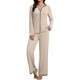 Blooming Jelly Womens 2 Two Piece Pajama Set Fall Comfy Soft Lounge Pjs Sets Color Block V Neck Loungewear Pockets (L, Beige)