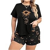 BEAUDRM Women's Plus Size 2 Piece Pajama Set Sun Moon Print Crew Neck Short Sleeve Tee and Shorts Sleepwear