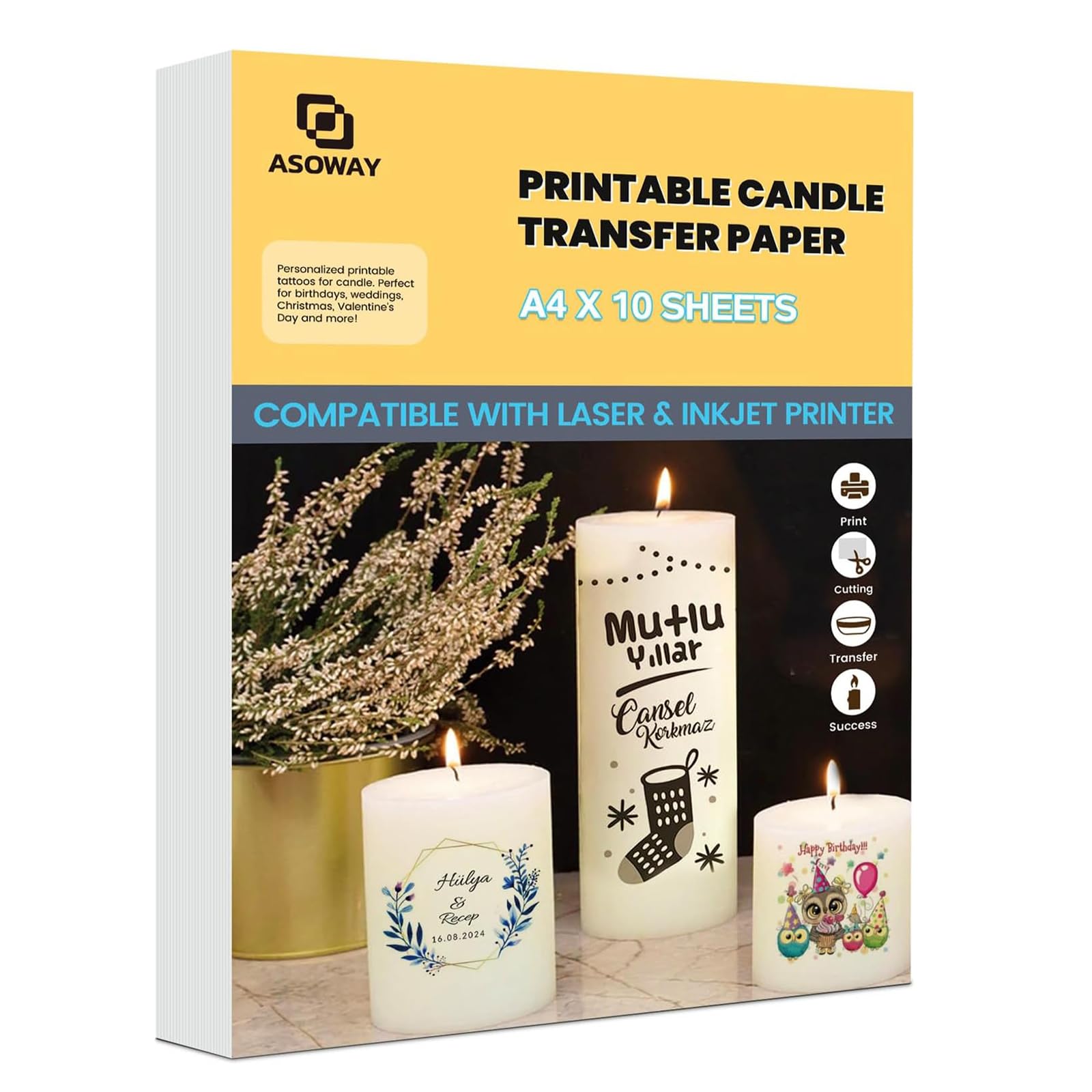 Candle Tattoos, Tattoo Film, Candle Transfer Film, Printable for Laser/Inkjet Printer, Water Slide Film for Candles, Candle Stickers, Candle Decoration Paper for Christmas, Christening Candle, Wedding