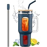 WINSA Glass Tumbler with Lid and Straw, 46 oz Iced Coffee Cup with Handle, Large Water Bottles with Silicone Sleeve, Glass Cup with Straws - Pearl Straw & Drinking Straw BPA Free-Blue