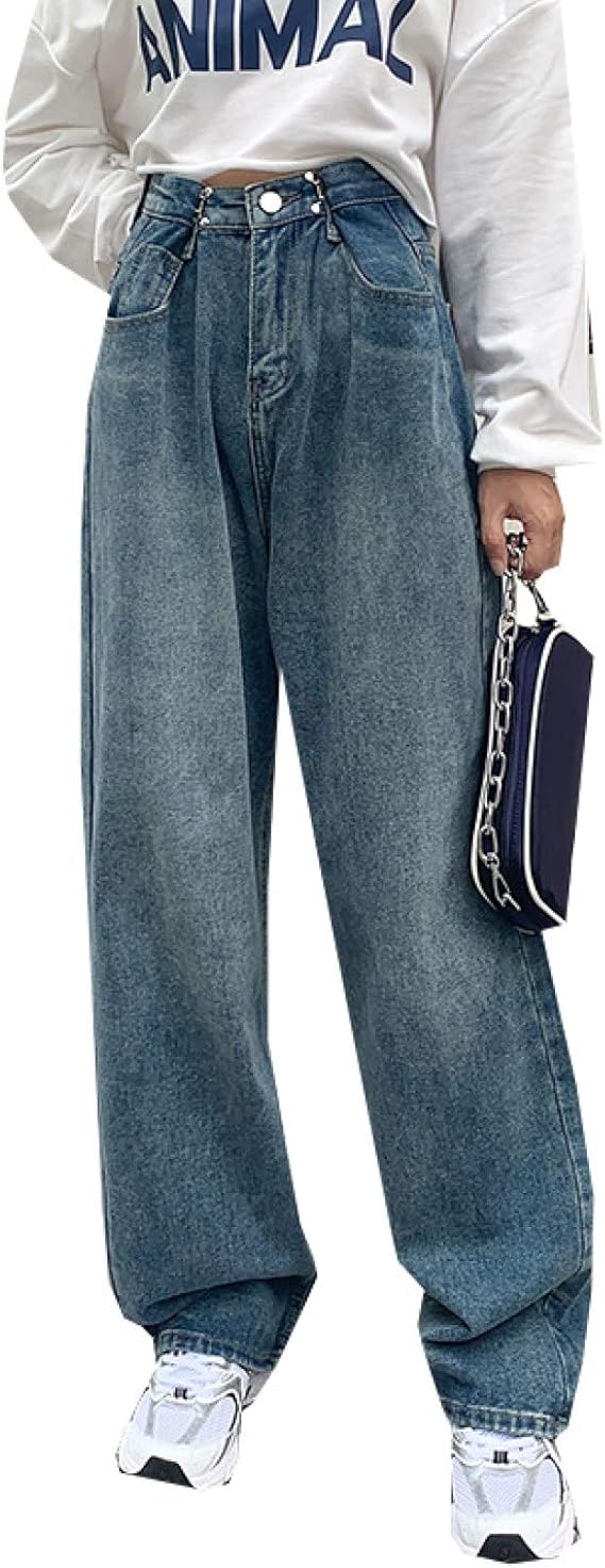 Amazon デニムパンツ レディース ジーンズ ゆったり ファッション 無地 カジュアル ワイドパンツ デニム ストリート系 春 秋 着痩せ カジュアル 通学 ズボン デニム 韓国風 原宿系 ストリートパンツ 体型カバー ジーンズ ジーンズ 通販