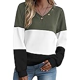 Zeagoo Women Waffle Knit Tops V Neck Long Sleeve Tunics Color Block Casual Blouse Fall Fashion 2026 Button Decor T Shirt