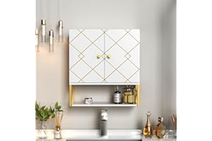VOXANOXI Bathroom Wall Mounted Cabinet Over Toilet, Bathroom Cabinet with Golden Trim, Wood Medicine Cabinet with 2 Doors and Open Shelf, Hanging Storage Cabinet for Living Room Kitchen