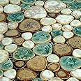 Hominter Pebble Porcelain Tile Turquoise Green Cream and Coffee Mosaic Waterproof Ceramic Tiles Flooring for Kitchen Bath Backsplash Pool Tile Shower Floor & Wall (5 Square Feet)