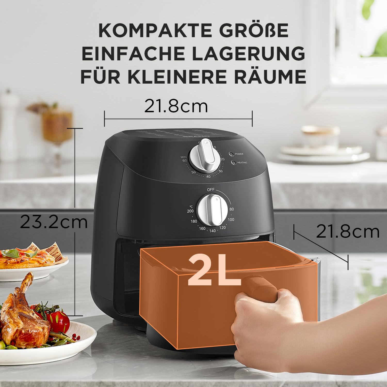 Midea Heißluftfritteuse 2L,1150W Airfryer, Frittieren ohne Öl, Heißluft Fritteusen, Automatische Abschaltfunktion, ölfrei, Leicht zu reinigen, BPA-frei, Schwarz 2