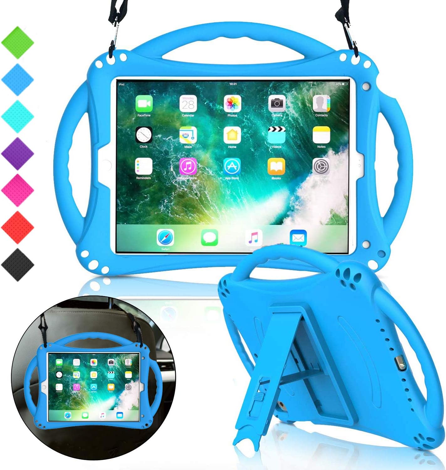 MENZO Case for New iPad 9.7 Inch 2018/2017 - Soft Silicone Shockproof Lightweight Handle Stand Shoulder Strap Kids Case for Apple iPad 9.7 2018/2017 (iPad 6th & 5th Generation) Previous Model - Blue