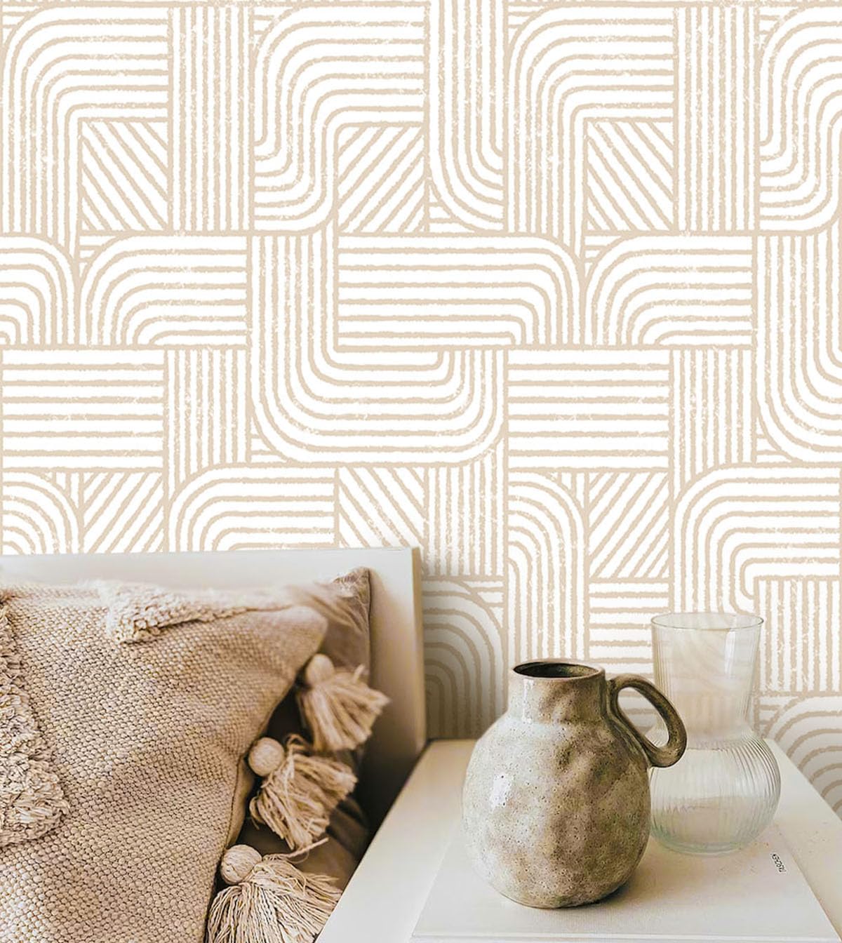Photo 1 of Lativo Modern Peel and Stick Wallpaper Boho Contact Paper for Cabinets Drawers Beige and White Striped Geometric Self Adhesive Wallpaper for Bedroom Bathroom Wall Decor Neutral Vinyl 17.3inW 78.7inL