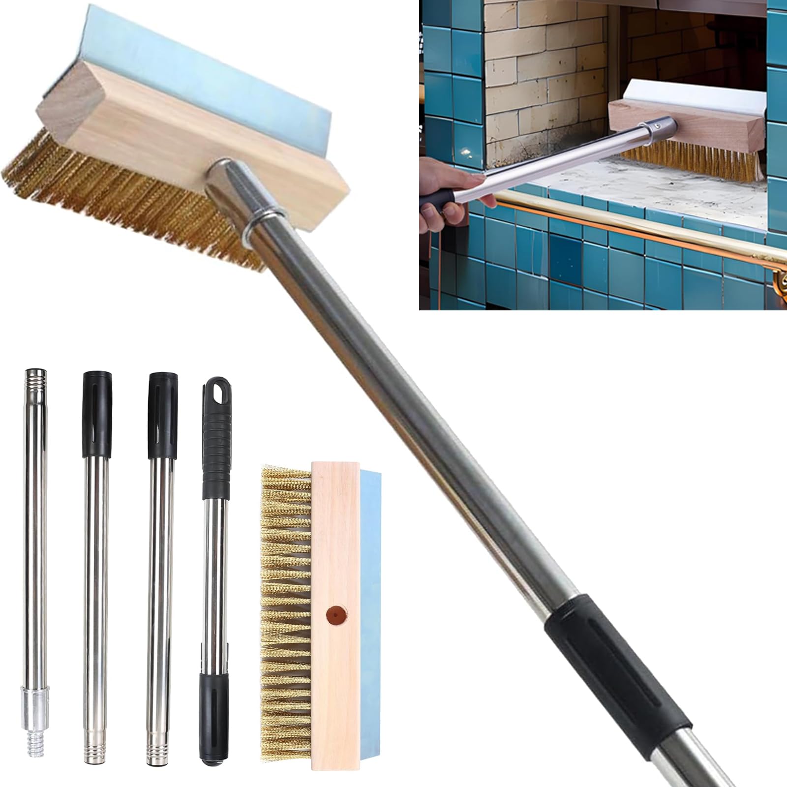 TIHOOK Pizza Oven Brush, Pizza Stone Cleaning Brush with Steel Scraper, 148cm Adjustable Aluminum Handle, 25.5cm Wide Brass Grill Brush, Pizza Oven Accessory for Kitchen, Outdoor, and Commercial Use