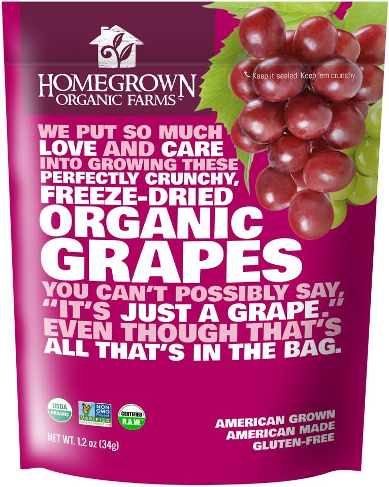 Freeze Dried Grape Snack by Homegrown Organic Farms โ Organic Non-GMO Freeze-Dried Grape Chips โ All-Natural Vegan Freeze Dried Fruit (3 Bags)