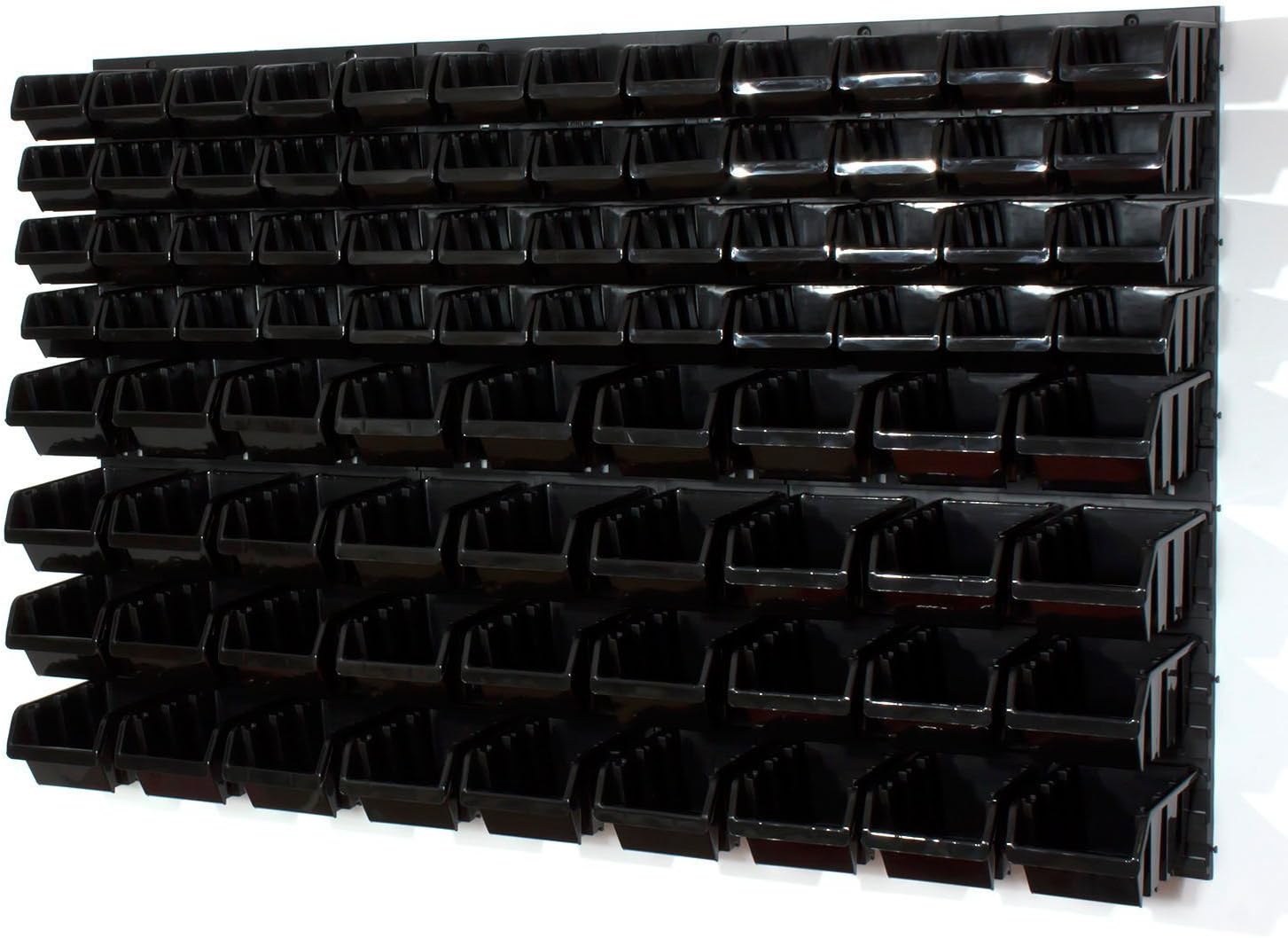 Set of 48 S and 36 M size IN-Box storage bins and wall mounted louvre