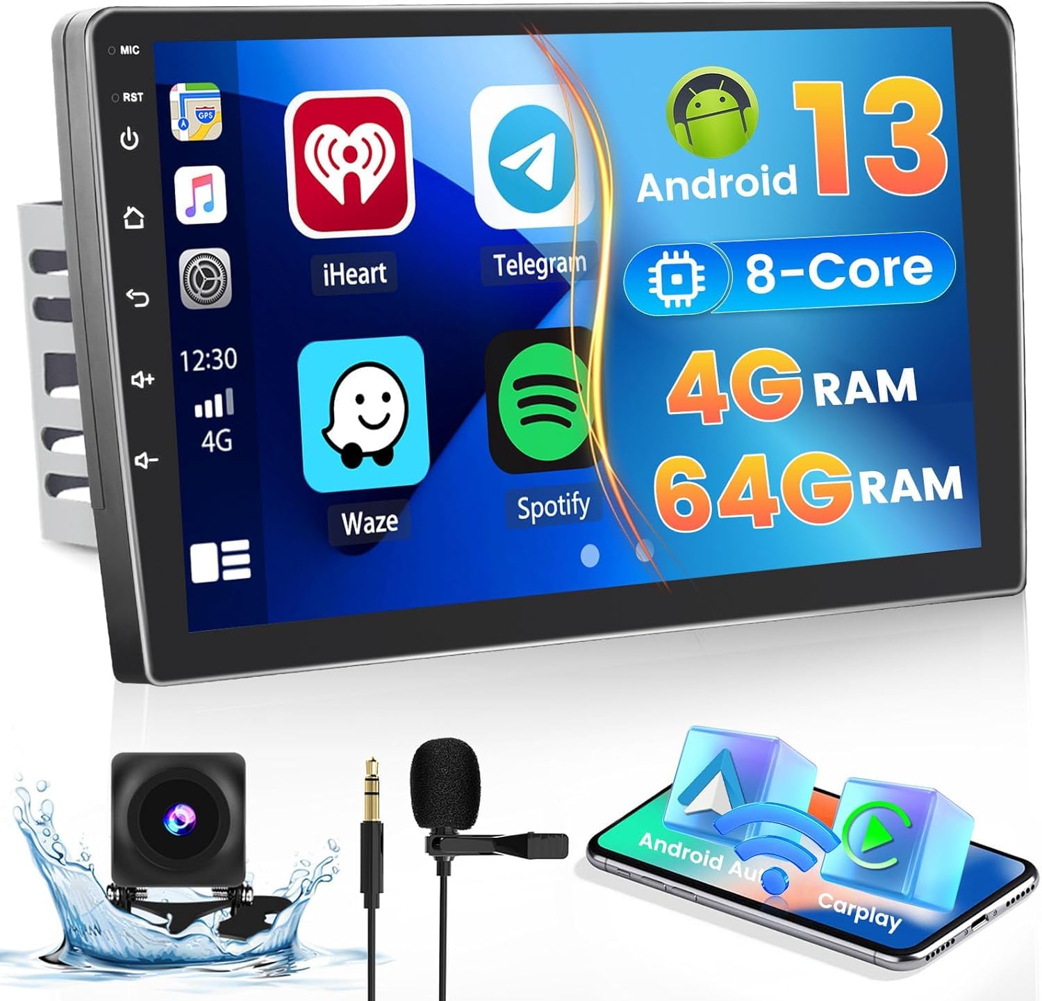 Photo 1 of [4+64G] Hikity Android 13 Car Stereo Double Din Radio, 10.1 Inch IPS Touch Screen Car Stereo Wireless Apple Carplay Android Auto Car Radio Bluetooth GPS WiFi 32EQ DSP FM RDS SWC+Mic, AHD Backup Cam
