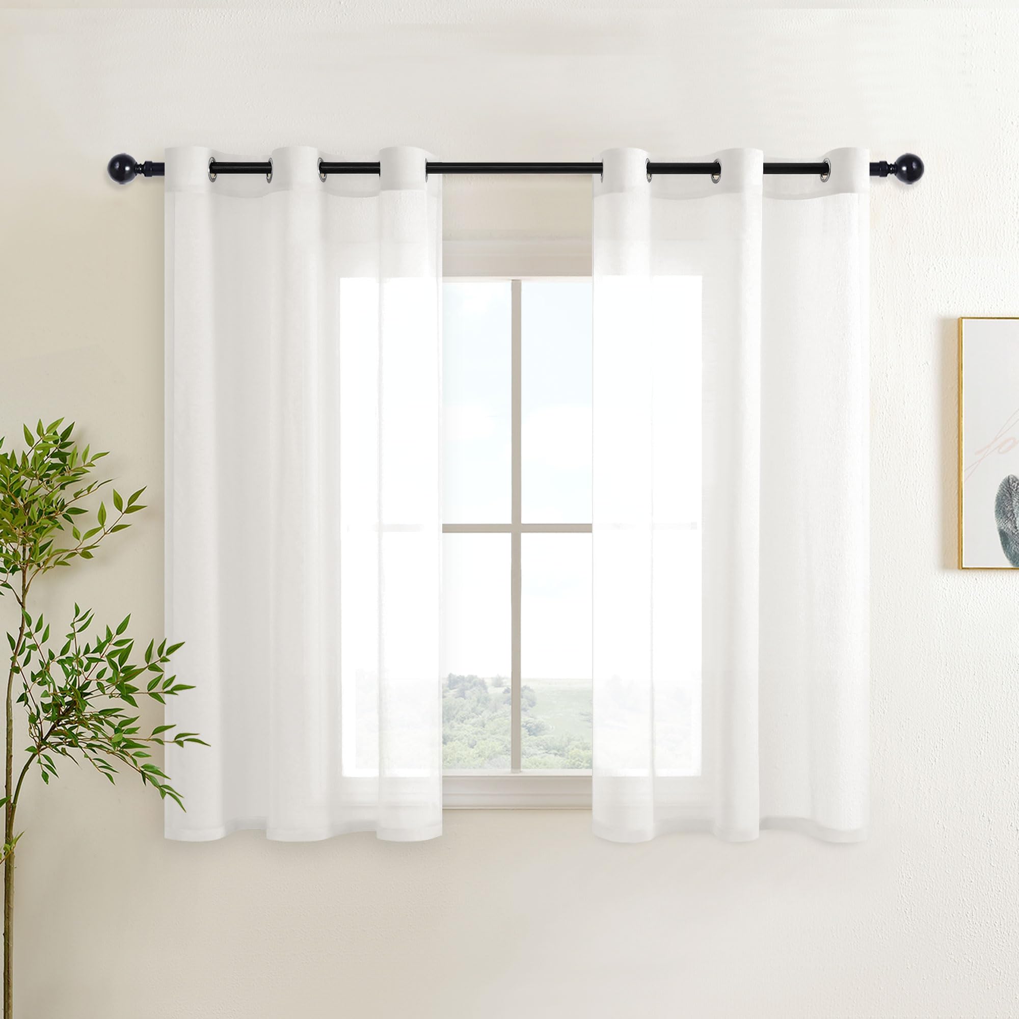 DWCN White Sheer Curtains Textured Semi Transparent Eyelet Top Decorative Voile Curtain for Living Bedroom, 46" Wide x 54" Drop, 2 Panels