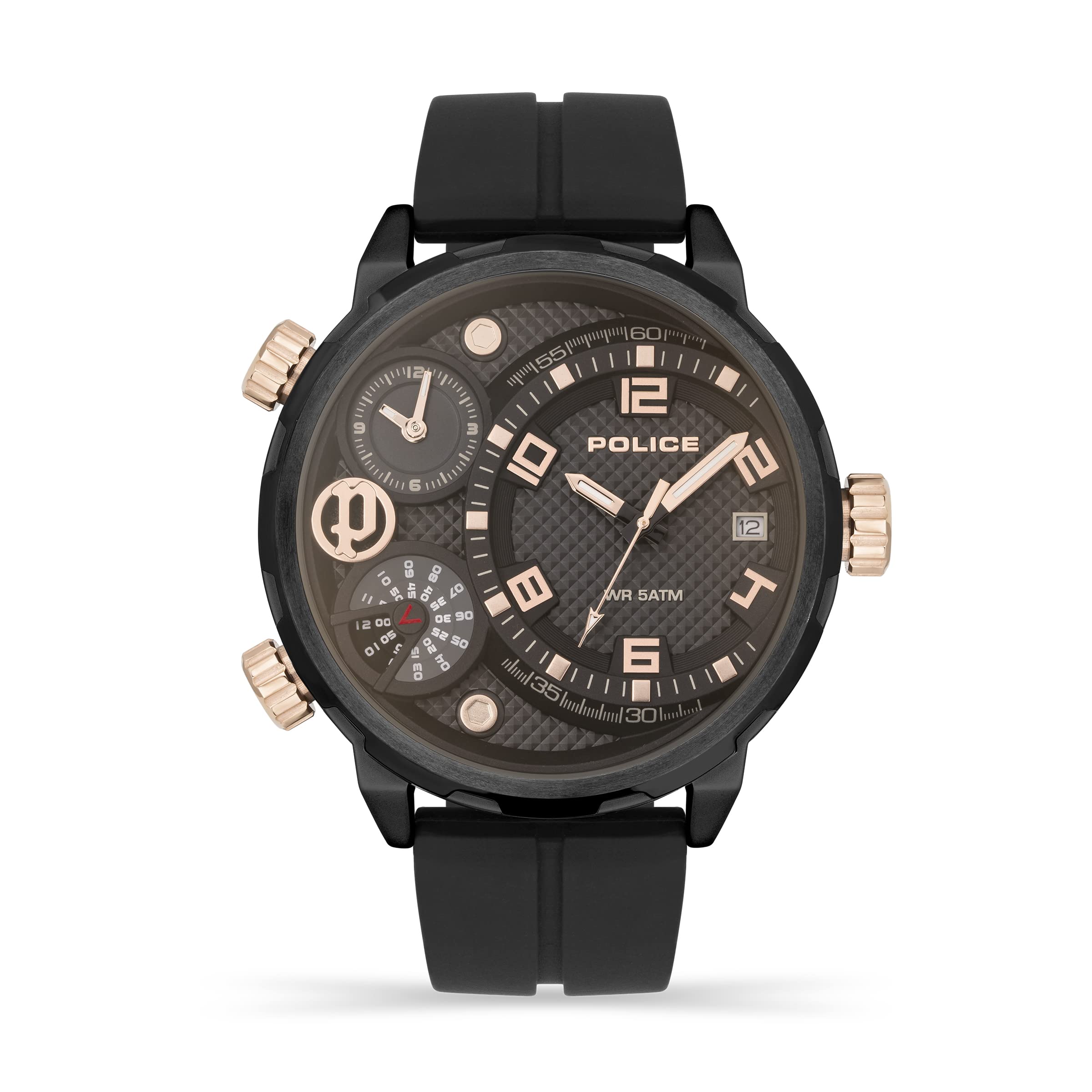 Police Ray Mens Multifunction Watch with Black Dial and Black Silicone Strap, 51mm Stainless Steel Case in Branded Watch Box PEWJN2195301-2 Year Warranty