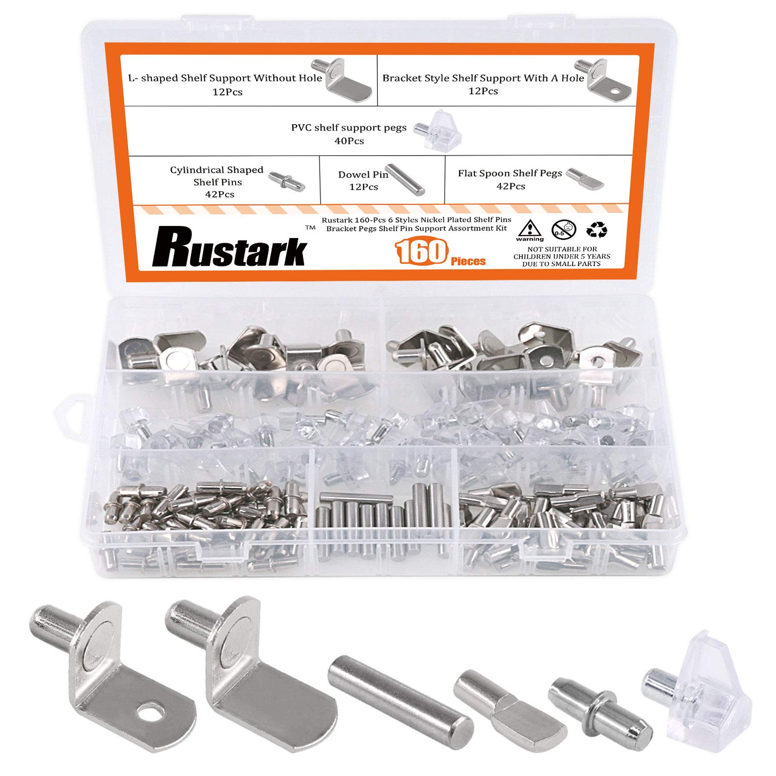 Rustark 160 Pcs 6 Styles Nickel Plated Shelf Pins Bracket Pegs Cabinet Furniture Shelf Pin Support Assortment Kit Perfect for Shelf Holes