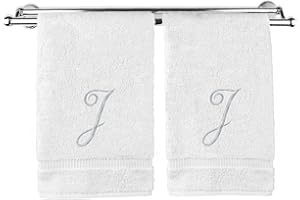 BC BARE COTTON Monogrammed Hand Towel, Personalized Gift, 16 x 30 Inches - Set of 2 - Silver Embroidered Towel - Extra Absorbent 100% Turkish Cotton- Soft Terry Finish - For Bathroom, Kitchen and Spa- Script J White