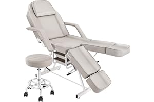 KIIUMI Tattoo Facial Chair with Split Legs, Artist Tattoo Bed for Client, Professional Adjustable Lash Esthetician Table Beauty Salon Spa Equipment with Breathing Hole & Hydraulic Stool, Grey