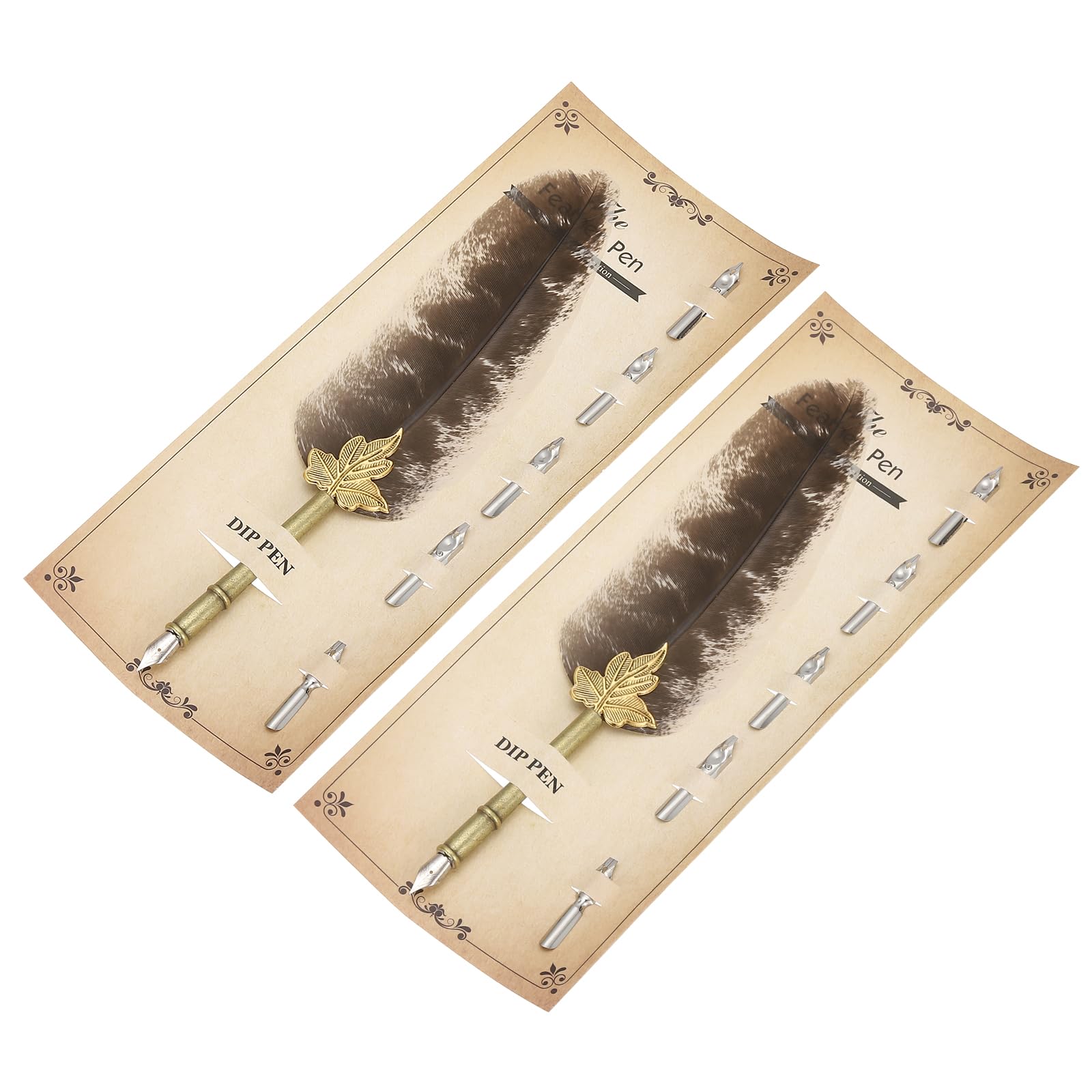 PATIKIL Feather Pen, 2 Pcs 9.3 Inch Vintage Quill Pen Feather Dip Pen with 5 Pcs Replacement Nibs for Writing Calligraphy Wedding Signature Guest, Brown/White