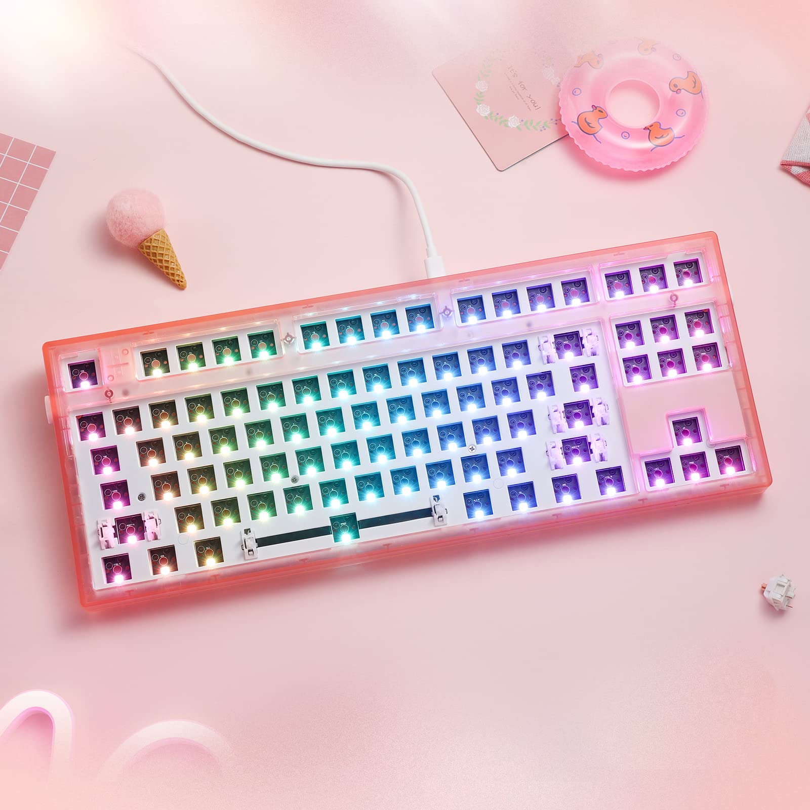 FL ESPORTS MK870 CMMK 87 Keys RGB Modular Mechanical Keyboard, 80% TKL Wired Gaming Keyboard DIY Kit w/Hot-Swap Switch Sockets (5-pin) & Customizable Software Supported (Barebones, Frosted Pink)