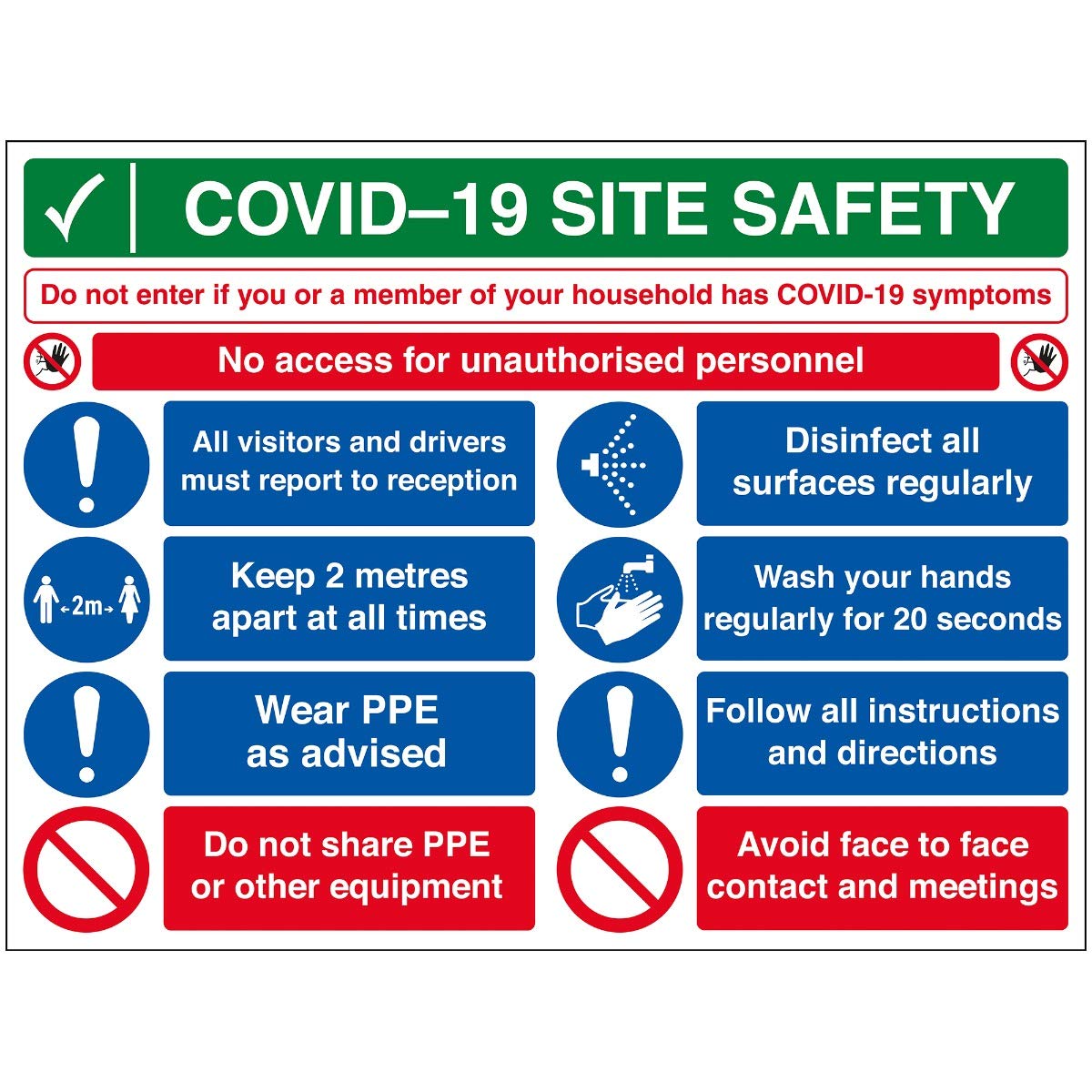V Safety Covid-19 Site Safety Sign - No Unauthorised Persons - 600mm x 450mm - 2mm Rigid Plastic