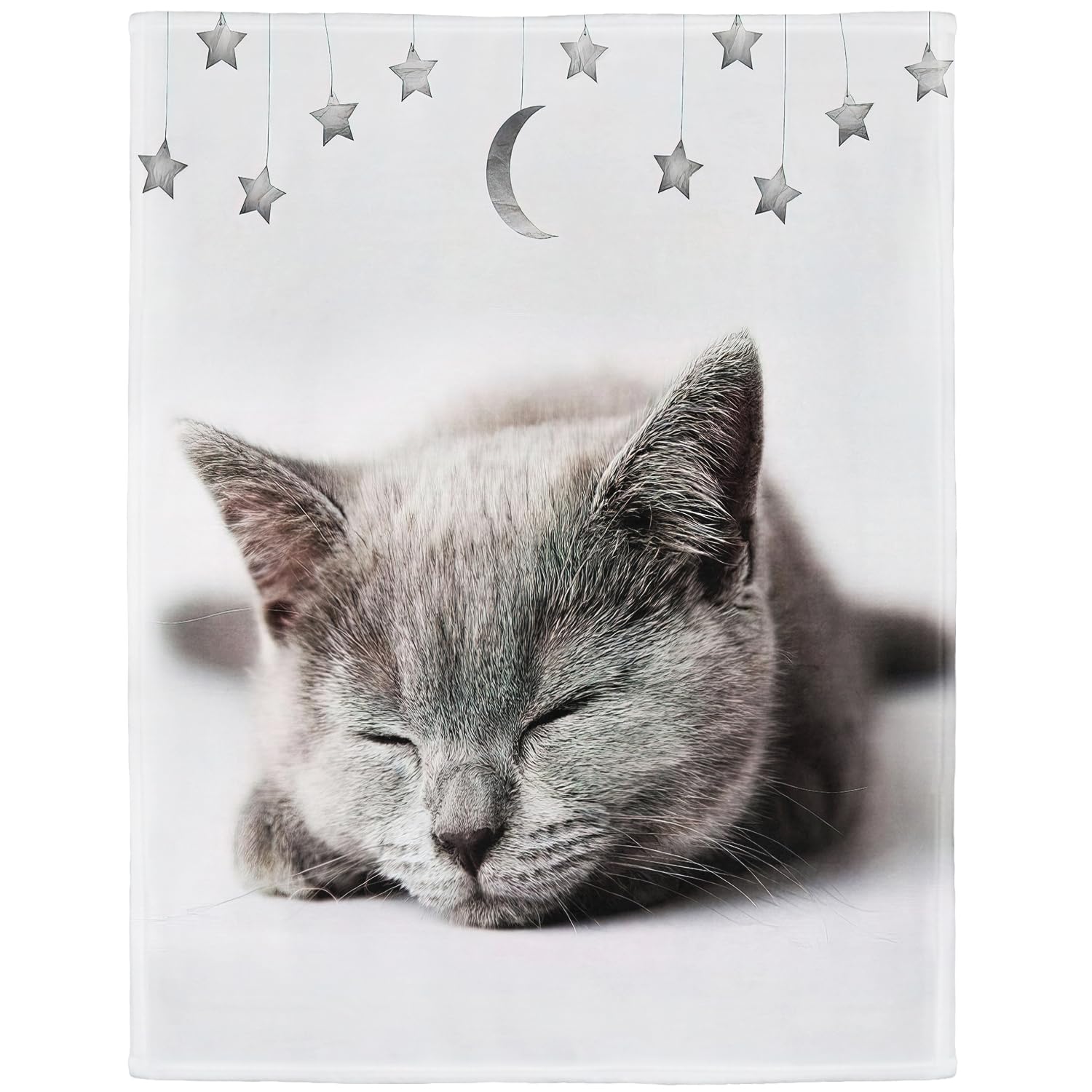 Yisumei blanket, soft fleece, sleeping kitten with stars and moon, Polyester, White, 150x200 cm