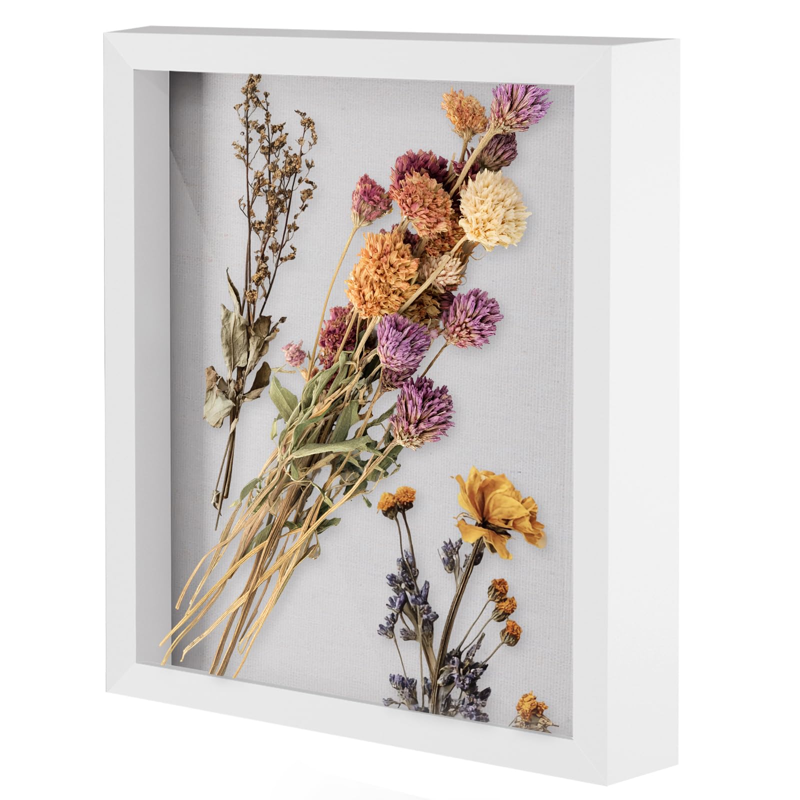 Muzilife 8x10 Shadow Box Picture Frame with Linen Board - Deep Wood & Glass Display Case Ready to Hang Memory Box Baby Sports Memorabilia, Pins, Awards, Medals, Wedding, Tickets and Photos (White)