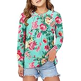 storeofbaby Girls Long Sleeve Shirts Casual Front Pleats Tops Round Neck Blouses 4-14 Years