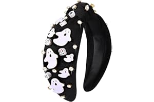 mokkia Halloween Headband for Women Crystal Pearl Knotted Headbands Beaded Boo Pumpkin Candy Corn Embellished Wide Top Knot Headband Halloween Accessories Spooky Costume Party Outfits Gifts (Ghost)
