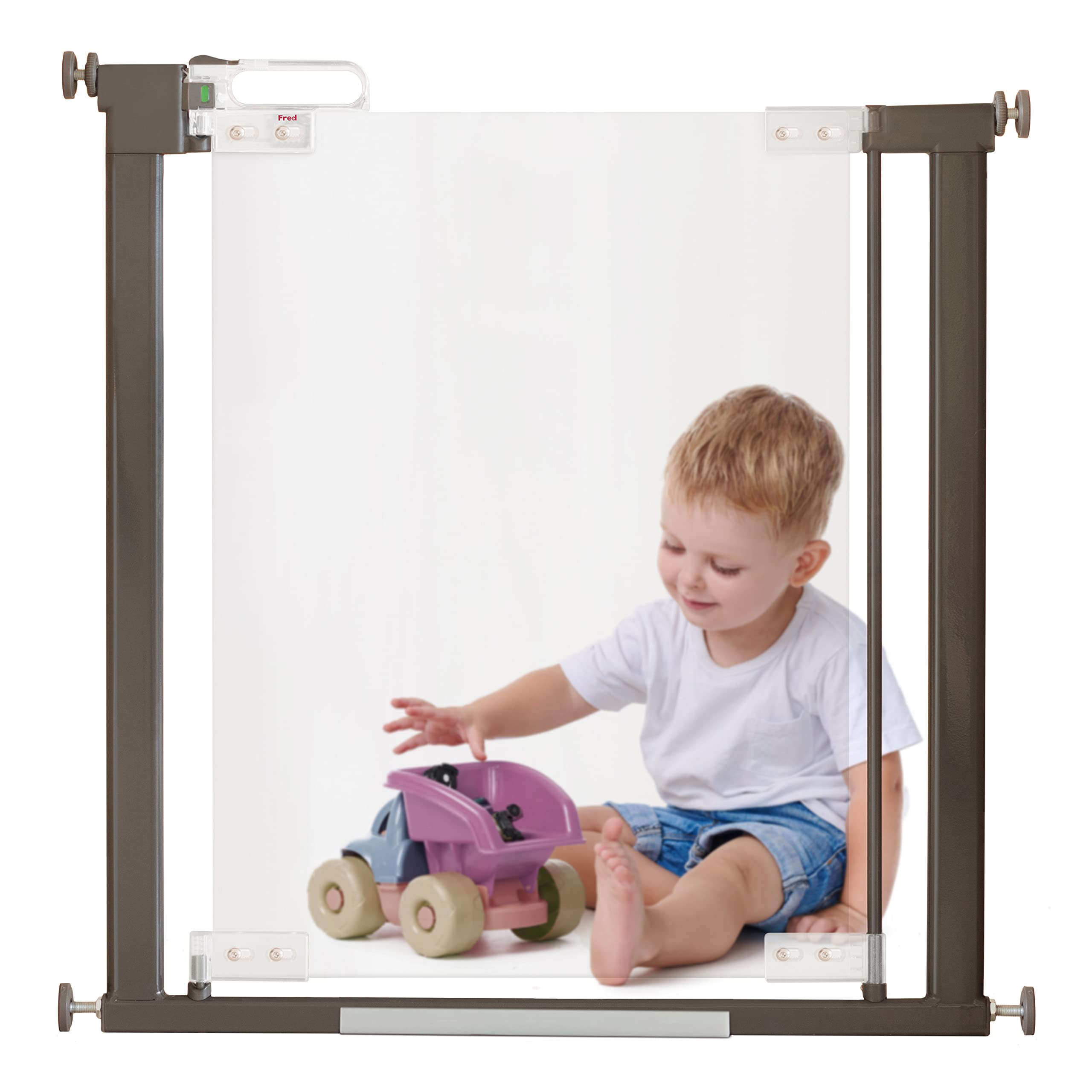 Fred Safety Pressure Fit Acrylic Clear-View Baby Safety Gate | Extendable Stair Gate Fits Wide Openings 76cm to 96cm | Award-Winning Modern Babyproofing Solution