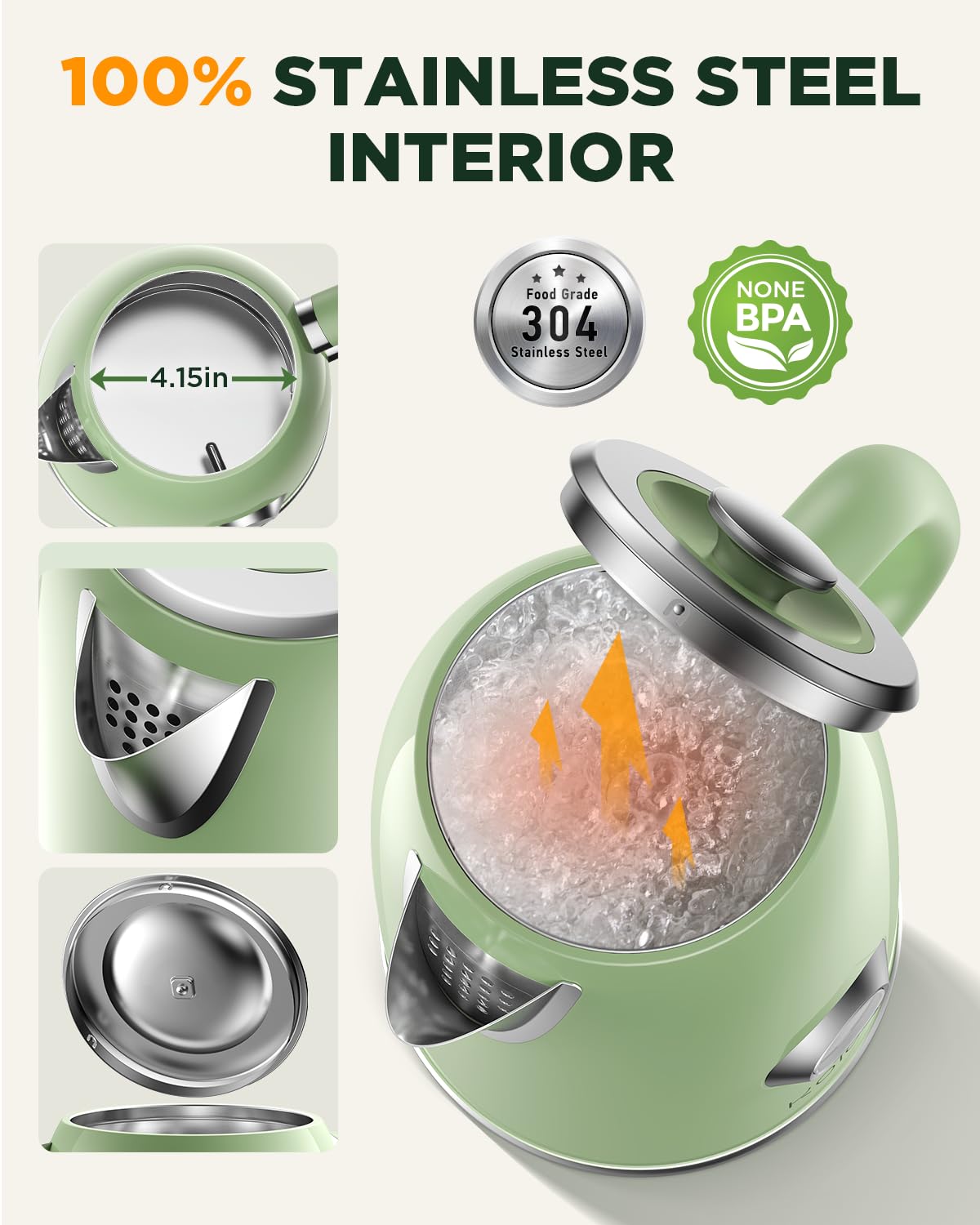 Hervidor eléctrico de 1,8 L con indicador de temperatura, hervidor de té eléctrico de ebullición rápida de 1500 W, hervidor de agua caliente estilo retro 100% de acero inoxidable eléctrico - luz LED brillante, apagado automático y protección contra ebullición en seco