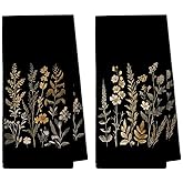 XBBMGG Black Moody Vintage Boho Floral Kitchen Towels Set of 2, Dark Cottagecore Botanical Decor Dish Hand Tea Towels, Farmhouse Rustic Flower Decorative Towel for Kitchen Bathroom, 16x24 Inch