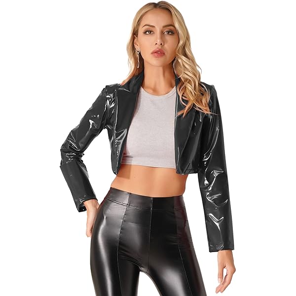 Jhaoyu Women's Patent Leather Motorcycle Crop Jacket Lapel Open
