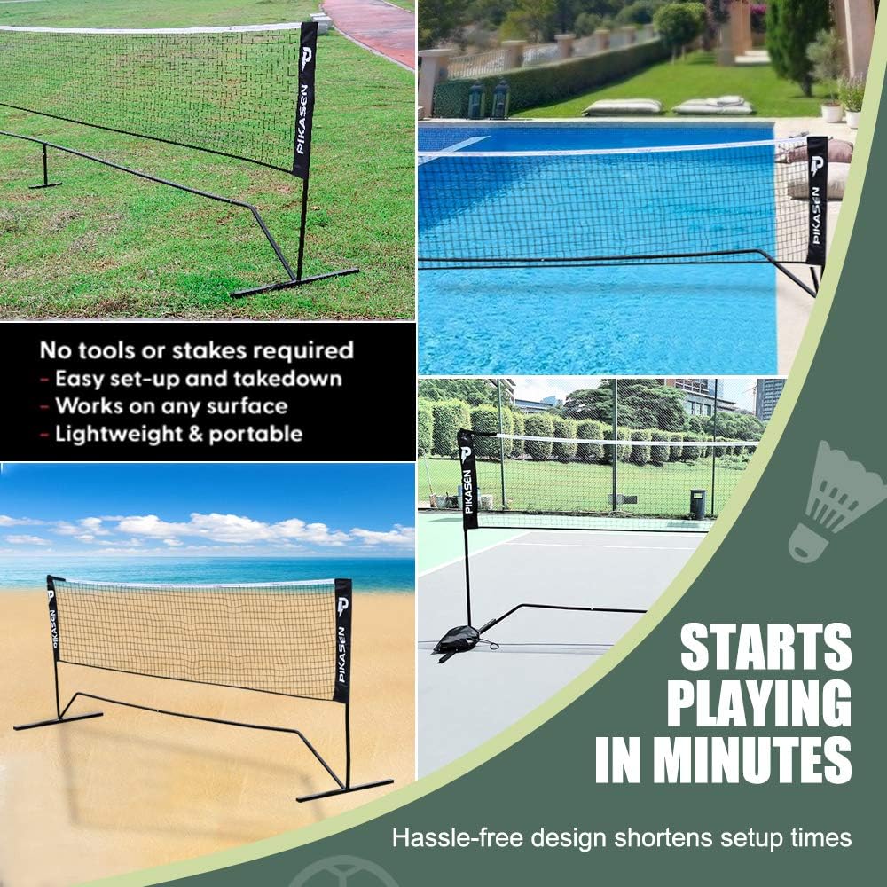 PIKASEN Portable Badminton Net Set - for Tennis, Soccer Tennis, Pickleball, Kids Volleyball - Easy Setup Nylon Sports Net with Poles : Sports & Outdoors