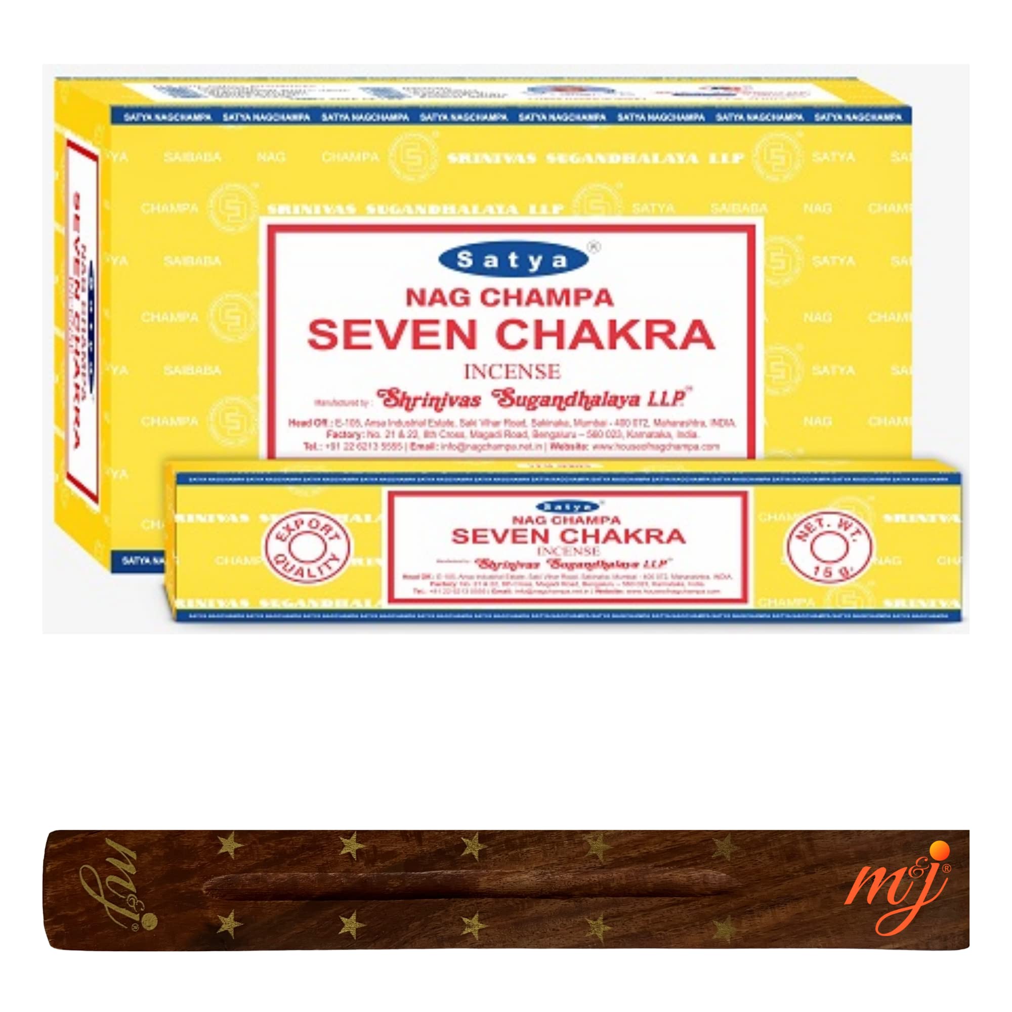 Original Satya Nag Champa Seven Chakra Incense Sticks | with M&J incense sticks holder | Full Box | for Aromatherapy, Spa, Yoga, Weddings, Meditation, Healing, Positivity and Relaxation