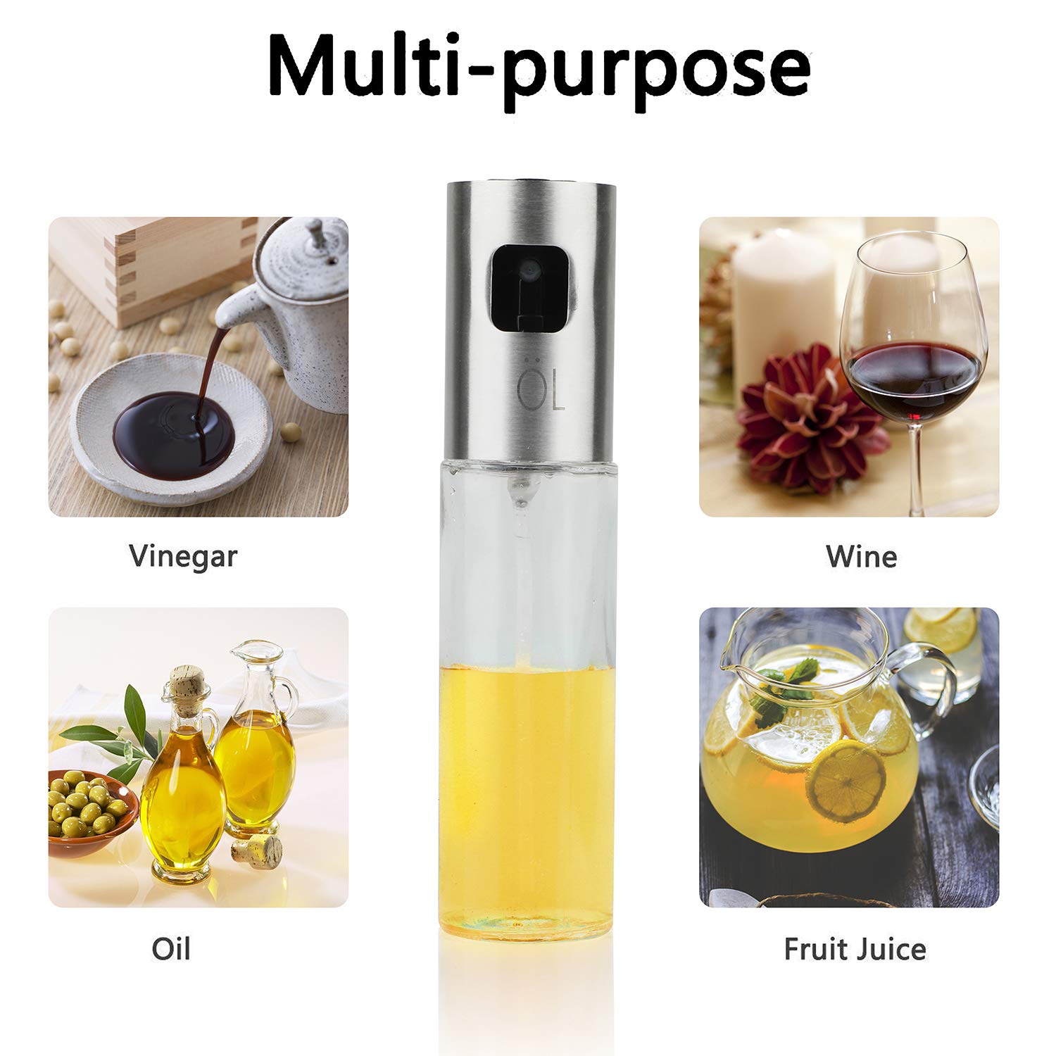 Oil Sprayer Dispenser Oil Spray Bottle Vinegar Sprayer/Dispenser with Plastic Funnel + Cleaning Brush Transparent Glass&Stainless Steel 100ml for BBQ,Frying,Baking,Salad