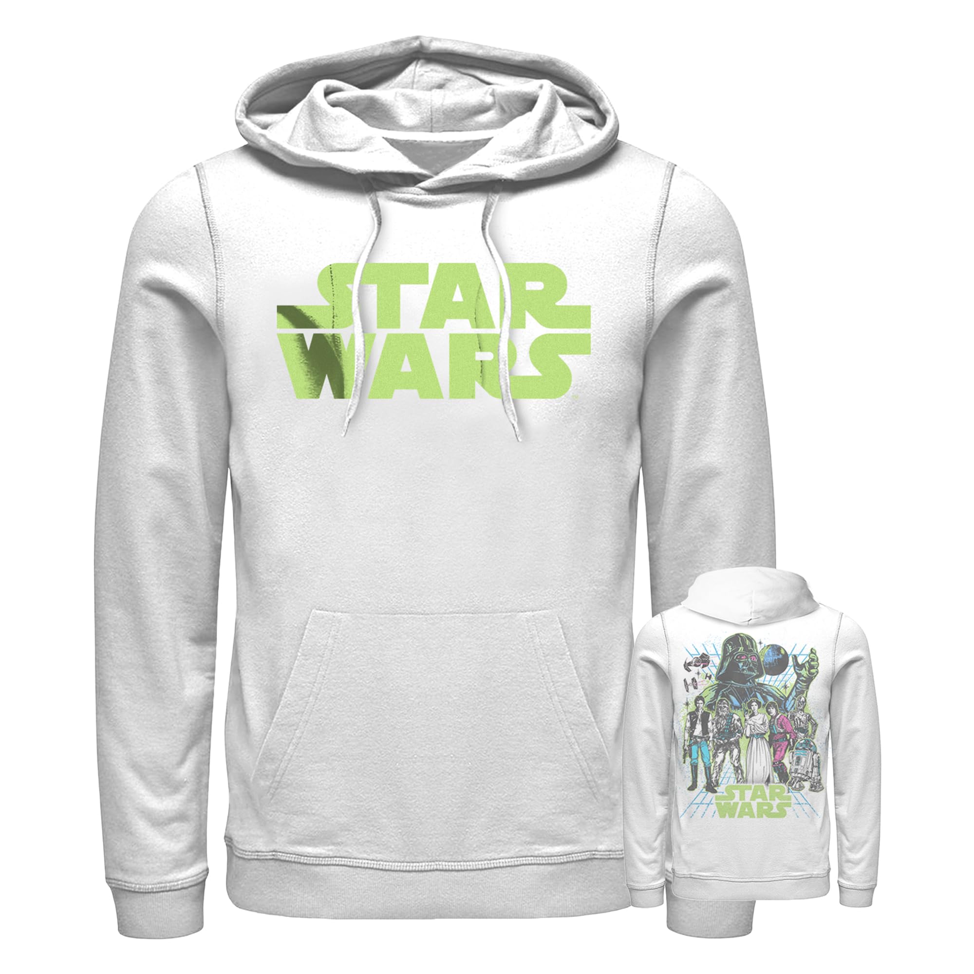 STAR WARS Men’s The Empire Strikes Back Green Logo Back Poster Pull Over Hoodie – White – 2X Large