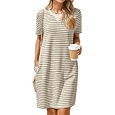 Glamaker Women Summer Tshirt Shift Dress Casual Striped Short Sleeve Crew Neck Knee Length Comfy Dress with Pockets