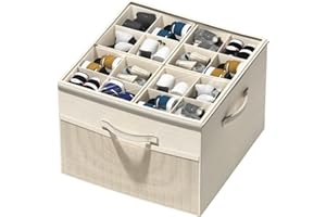 Aokeyee Shoe Organizer for Closet,Foldable Shoe Storage Organizer Box Bin w/Adjustable Dividers and Clear Cover, Fits up to 16 Pairs (Beige)