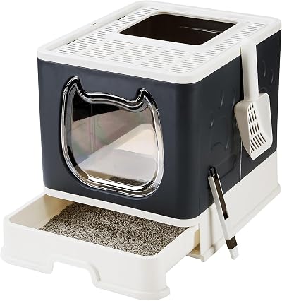 Vealind Covered Cat Litter Tray with Door Front Drawer Scoop