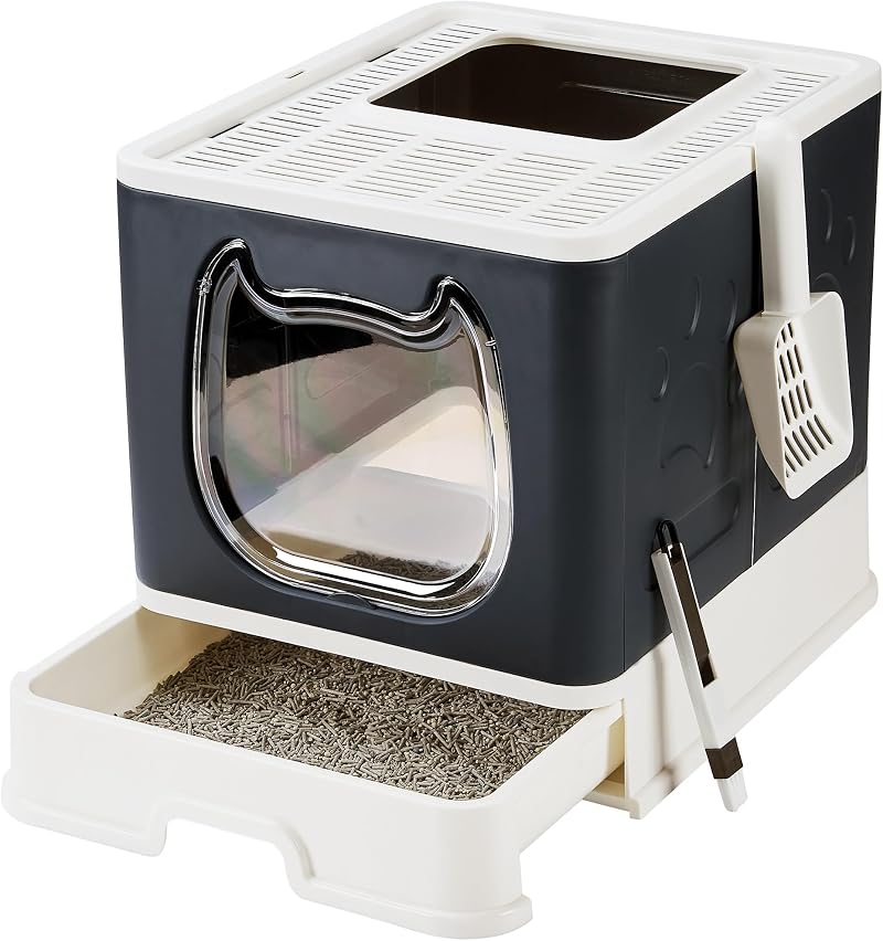 Vealind Covered Cat Litter Tray with Door Front Drawer Scoop