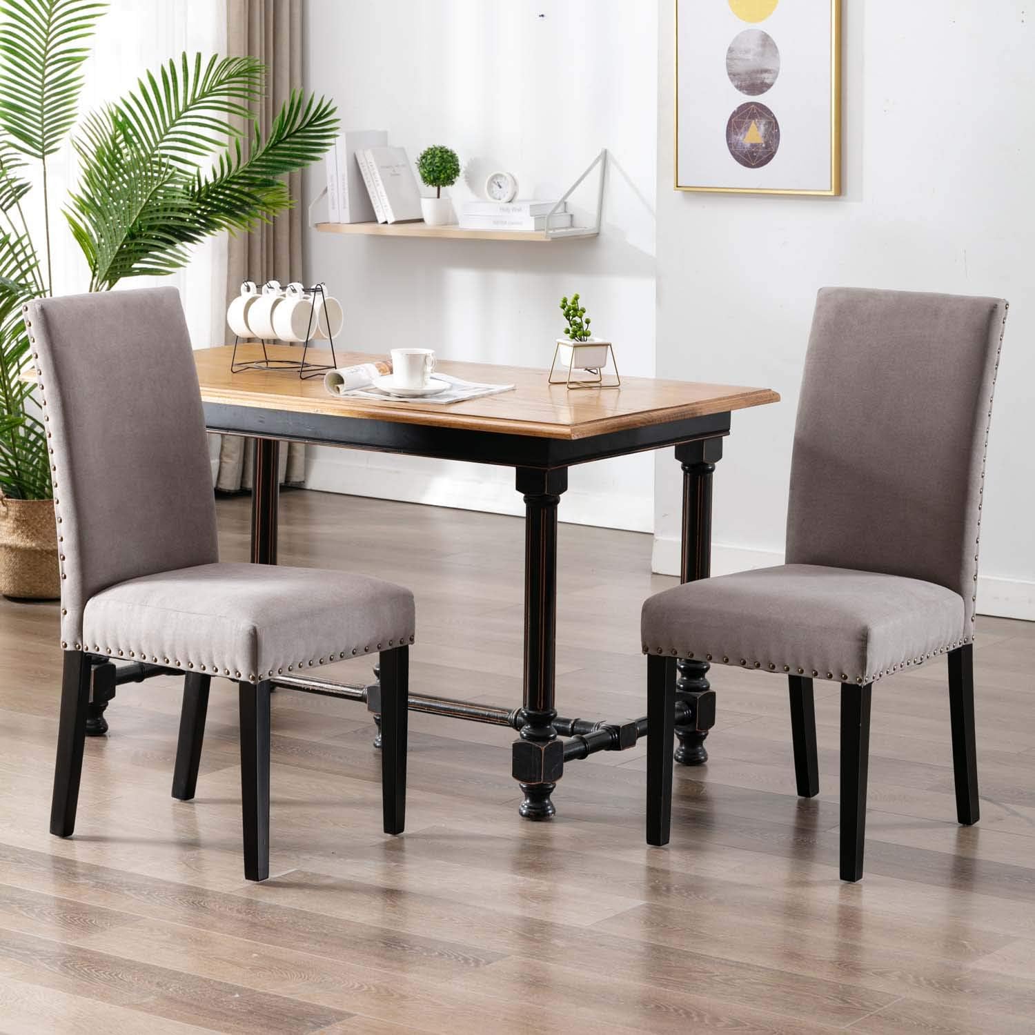 DininL Fur Dining Chair Kitchen Chairs Set of 2 Modern Dining Room Side Chairs Fabric Cushion Seat Back with Nailhead Trim (Grey) - Chairs