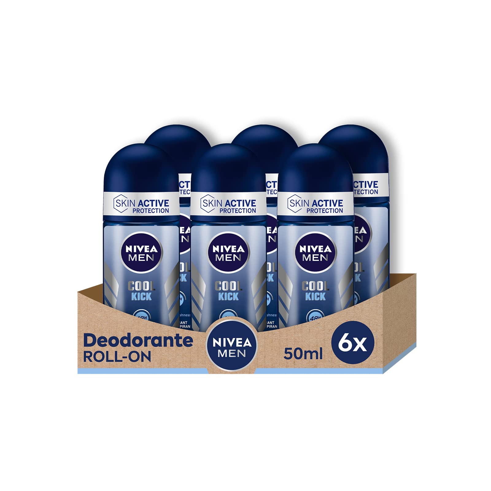 NIVEA MEN Cool Kick Roll-on 6 x 50 ml, Men's Deodorant for Effective Protection 72h, Anti-Perspirant Deodorant Roll-on Alcohol-Free and Dermotested with Fresh and Revitalising Fragrance