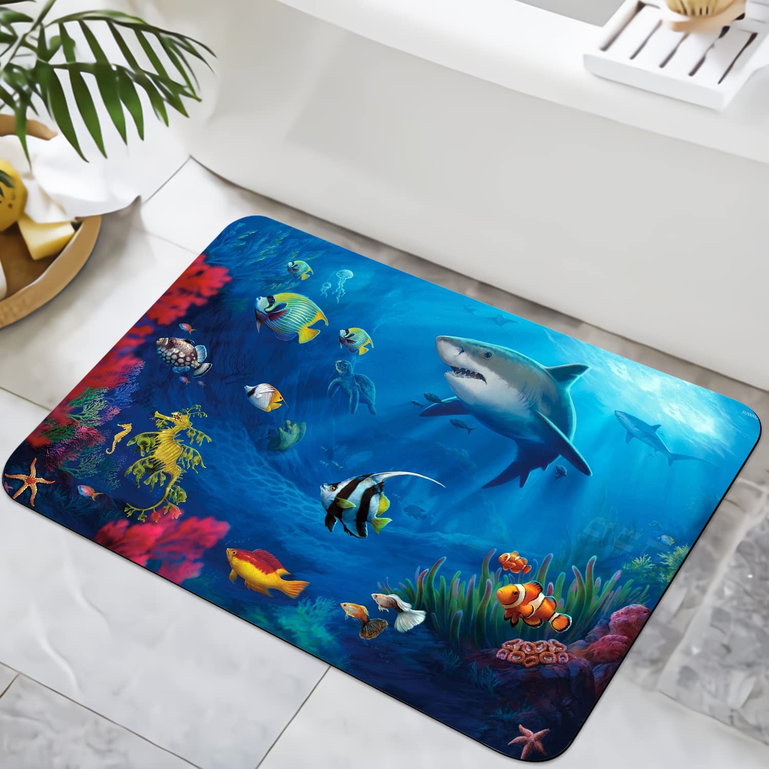 YISUMEI Shark Bathroom Rugs Non Slip Washable Marine Life Bath Mat Small Rubber Backed Floor Mat 17"x24"
