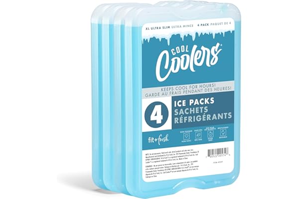 Cool Coolers by Fit & Fresh 4 Pack XL Slim Ice Packs, Quick Freeze Space Saving Reusable Ice Packs for Lunch Boxes or Coolers, Blue, 239ICE, 4 count (Pack of 1)
