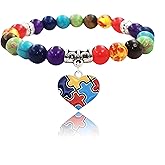 PUBBCIA Autism Awareness Bracelet For Women Men Heart Disc Puzzle Piece Autism Autistic Bracelet 7 Chakra Beaded Elastic Bracelet Autism Jewelry Bracelet For World Autism Day Gift (E, Copper)