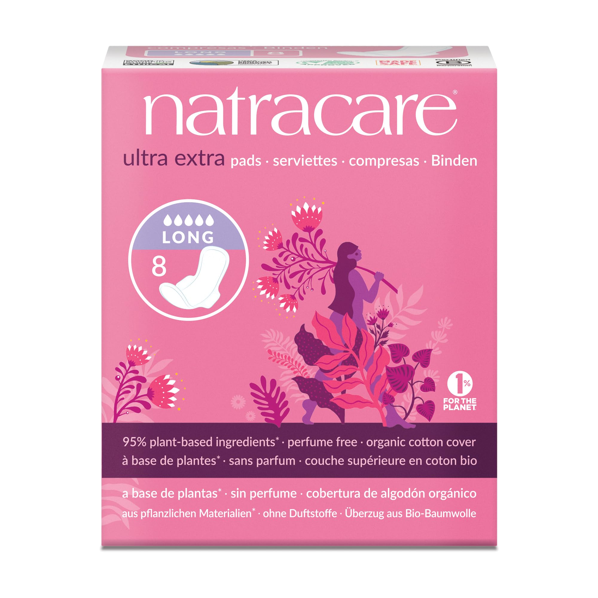 Natracare Ultra Extra Pads Long for Heavy Flow or Night with Organic Cotton | 1 Pack of 8