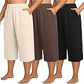 Neer 3 Pack Women Plus Size Capris Cotton Wide Leg Cropped Pants Casual Elastic Waist Loose Fit Lounge Sweatpants with Pocket